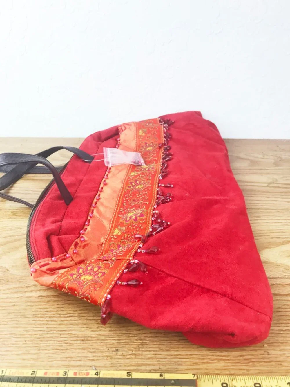 Mountain Mama's Red Suede Feel Tote Bag – Embroidered Trim Beaded Fringe